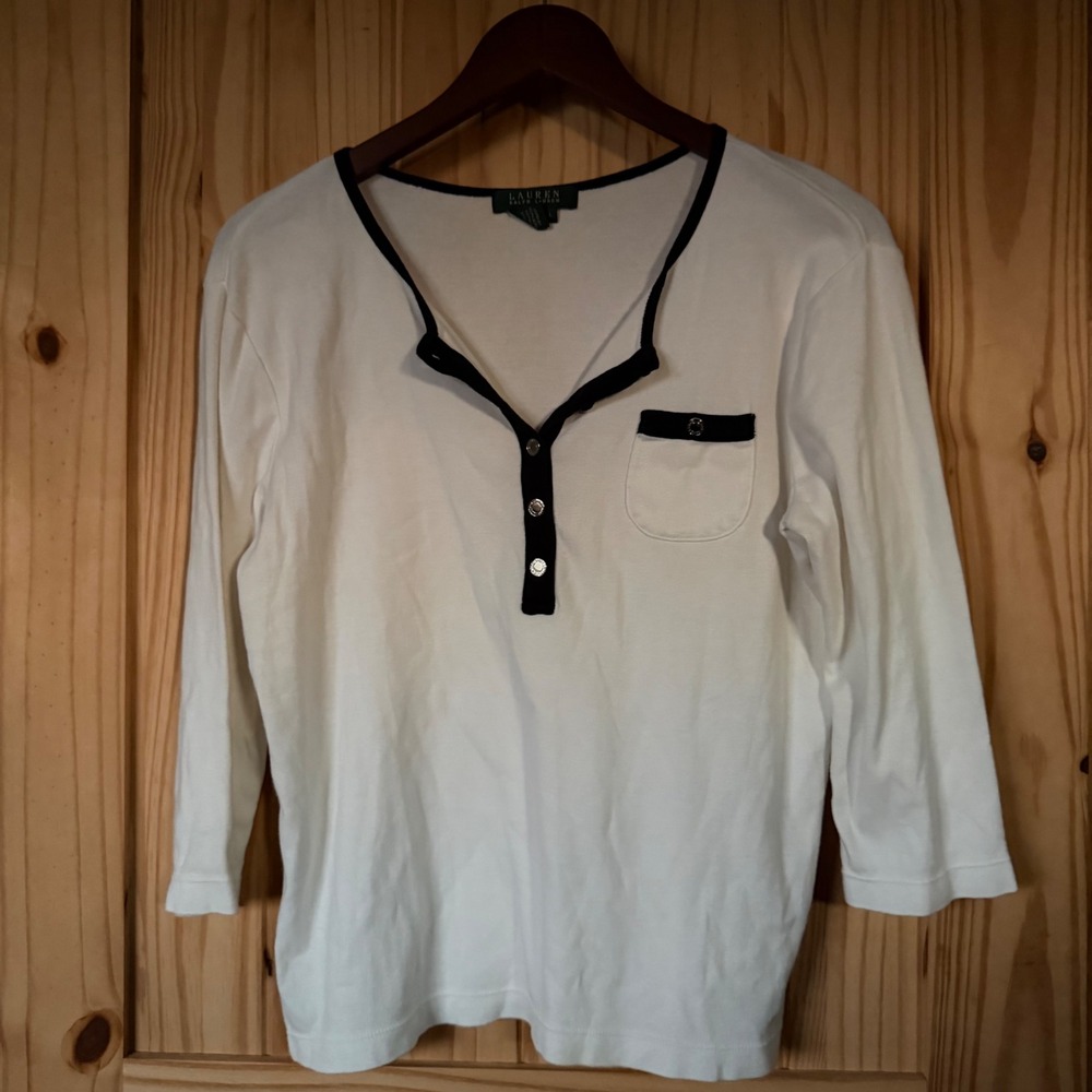 Lauren Ralph Lauren White Navy Trim Cotton Henley Top 3/4 Sleeve Large